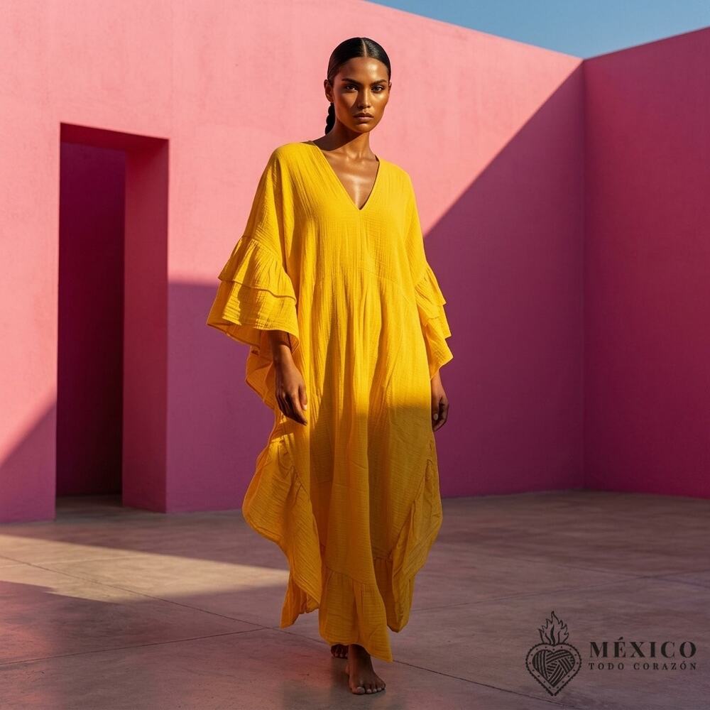 Butterfly Mexican gauze Maxi Dress – Handmade Cotton Floral Artisan Gown Kaftan